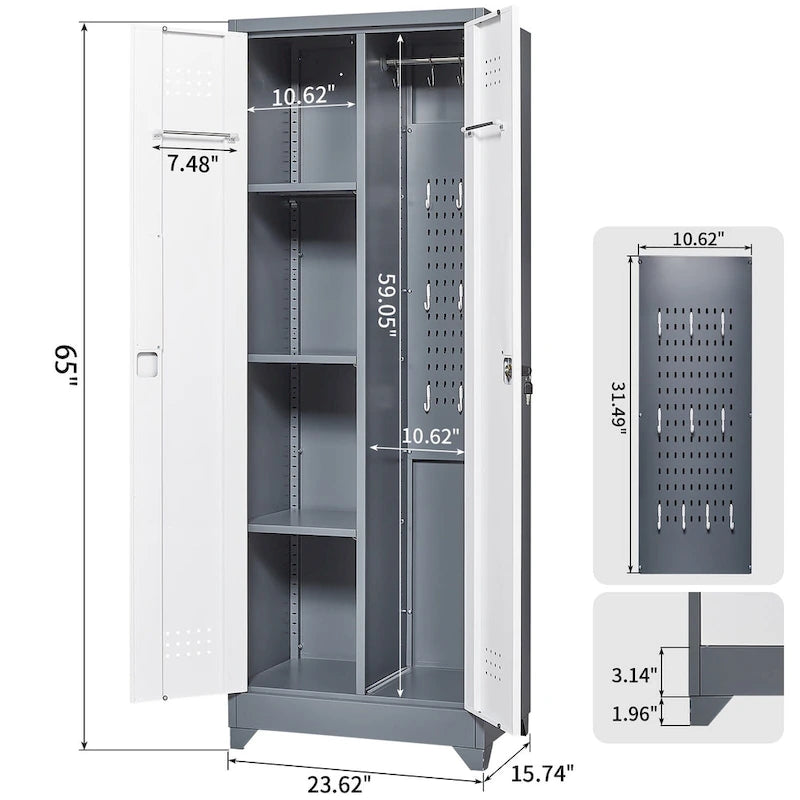Metal Storage Cabinets, Cleaning Tool Cabinet with Locking Door, Tall Broom Tool Organizer and Storage, Large Storage Cabinet
