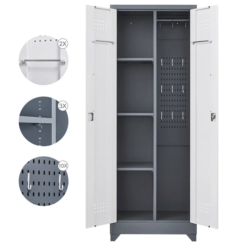 Metal Storage Cabinets, Cleaning Tool Cabinet with Locking Door, Tall Broom Tool Organizer and Storage, Large Storage Cabinet