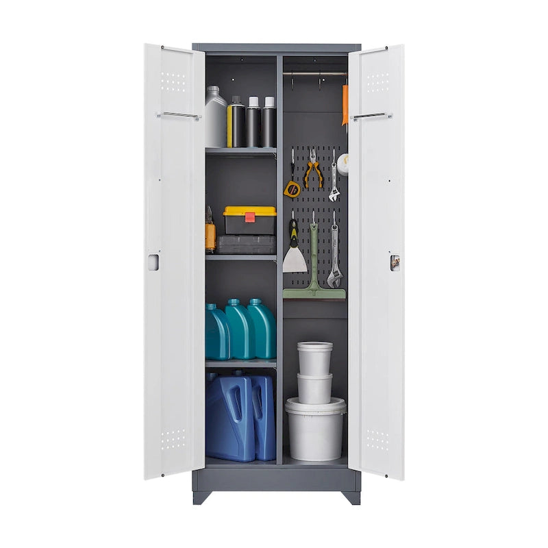 Metal Storage Cabinets, Cleaning Tool Cabinet with Locking Door, Tall Broom Tool Organizer and Storage, Large Storage Cabinet