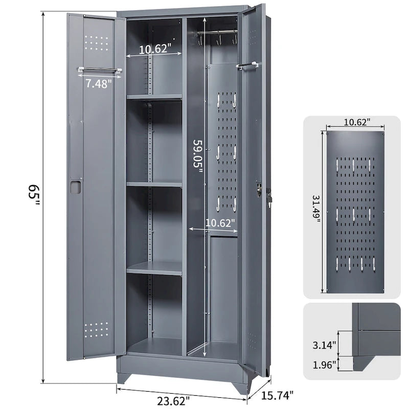 Metal Storage Cabinets, Cleaning Tool Cabinet with Locking Door, Tall Broom Tool Organizer and Storage, Large Storage Cabinet