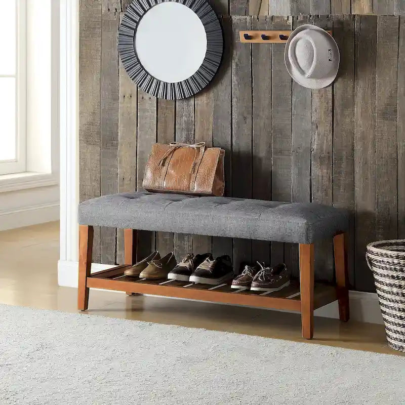 Gray Tufted Storage Bench with Oak Shelf
