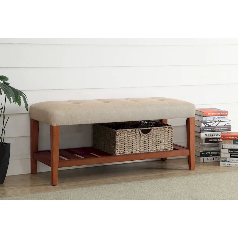 Gray Tufted Storage Bench with Oak Shelf