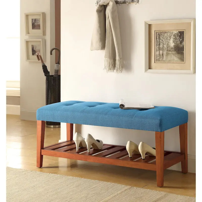Gray Tufted Storage Bench with Oak Shelf
