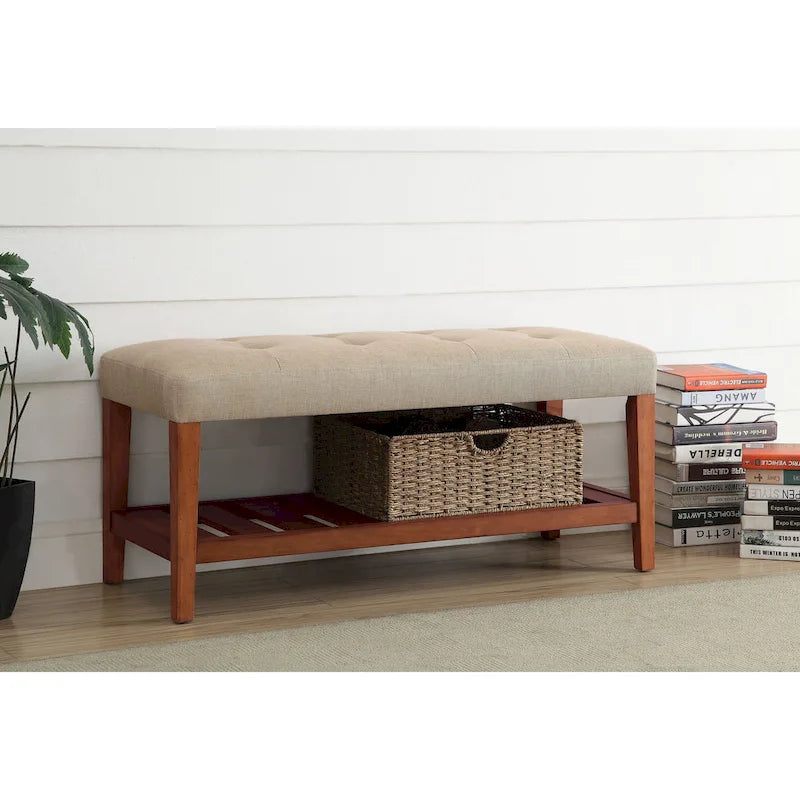Gray Tufted Storage Bench with Oak Shelf