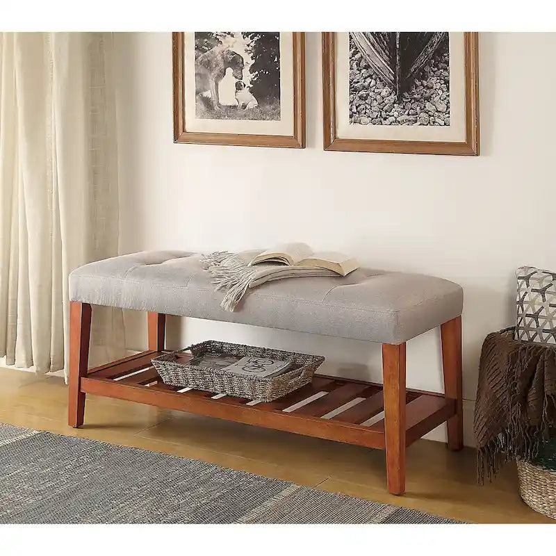 Gray Tufted Storage Bench with Oak Shelf