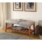 Gray Tufted Storage Bench with Oak Shelf