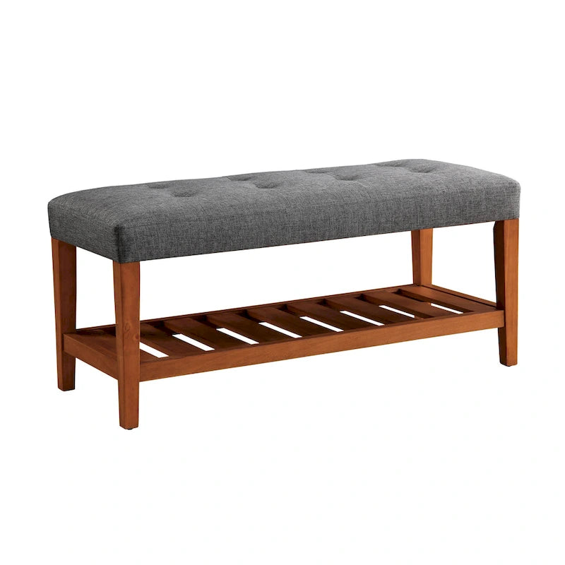 Gray Tufted Storage Bench with Oak Shelf