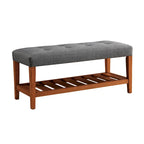 Gray Tufted Storage Bench with Oak Shelf