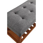 Gray Tufted Storage Bench with Oak Shelf