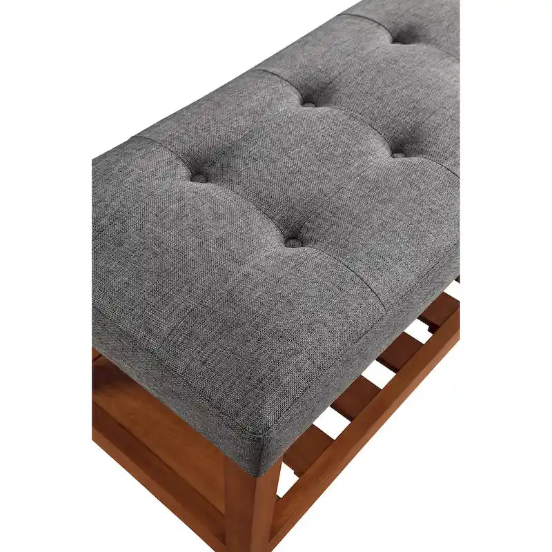 Gray Tufted Storage Bench with Oak Shelf