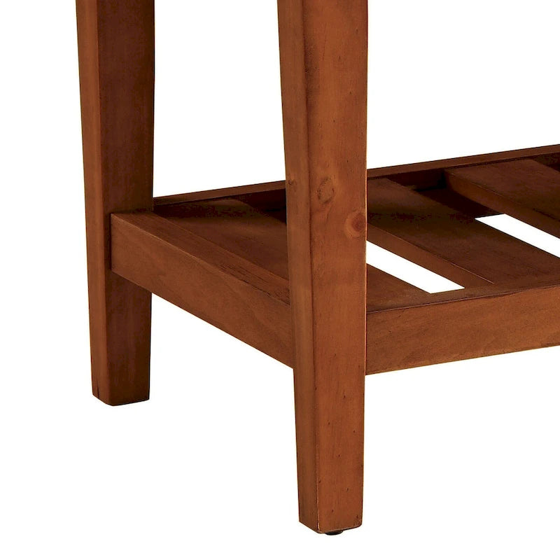 Gray Tufted Storage Bench with Oak Shelf