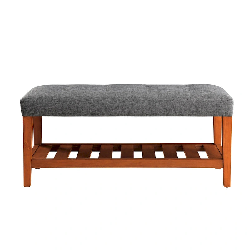 Gray Tufted Storage Bench with Oak Shelf