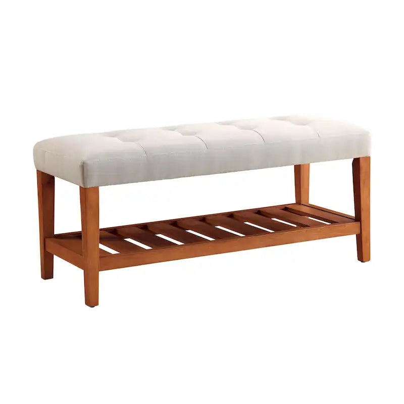 Gray Tufted Storage Bench with Oak Shelf
