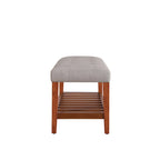Gray Tufted Storage Bench with Oak Shelf