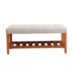 Gray Tufted Storage Bench with Oak Shelf