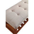 Gray Tufted Storage Bench with Oak Shelf
