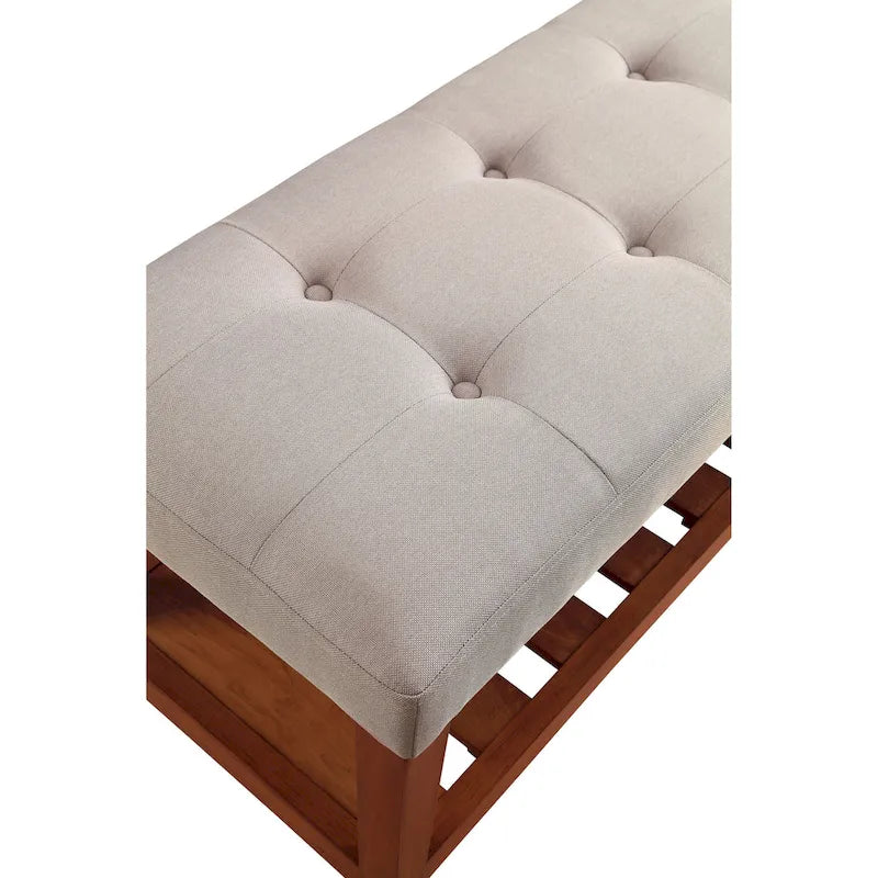 Gray Tufted Storage Bench with Oak Shelf