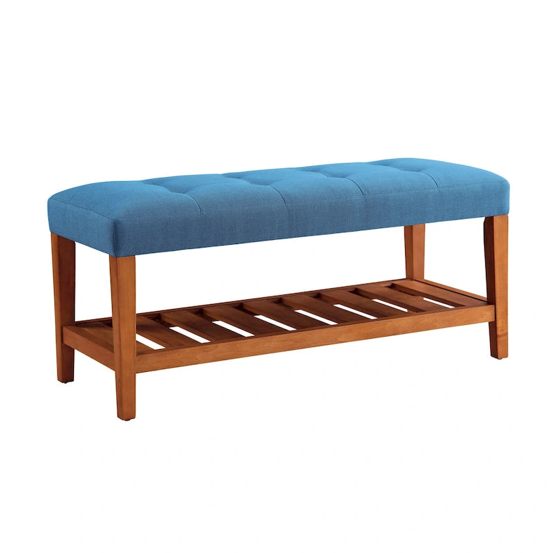 Gray Tufted Storage Bench with Oak Shelf