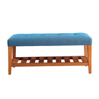 Gray Tufted Storage Bench with Oak Shelf
