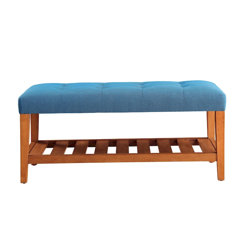 Gray Tufted Storage Bench with Oak Shelf