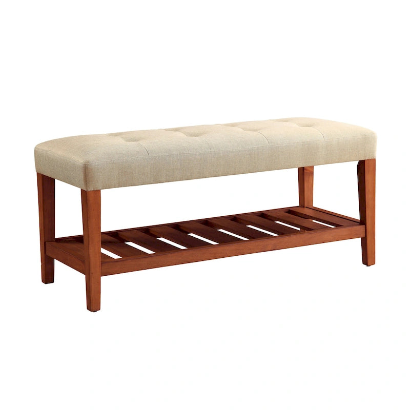 Gray Tufted Storage Bench with Oak Shelf