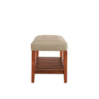 Gray Tufted Storage Bench with Oak Shelf