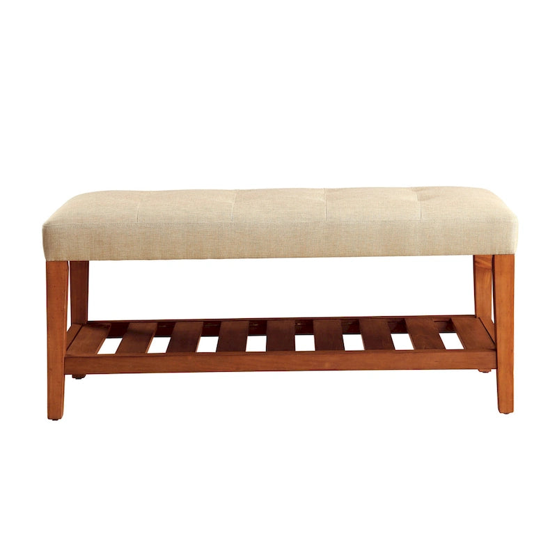 Gray Tufted Storage Bench with Oak Shelf