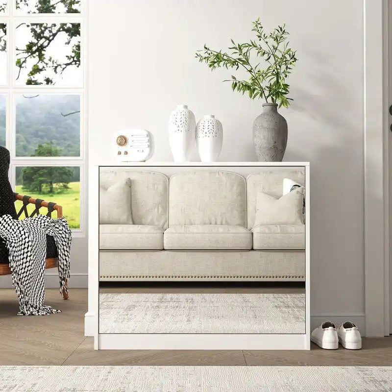 2 Tier Mirror Shoe Storage Cabinet for Entryway, Flip Door Design Shoe Cabinet