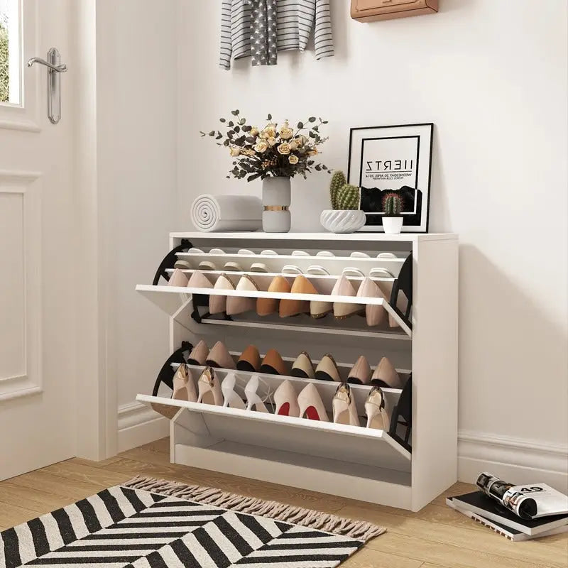 2 Tier Mirror Shoe Storage Cabinet for Entryway, Flip Door Design Shoe Cabinet