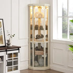 Corner Display Cabinet with Lighting - Cherry/White - Glass Door