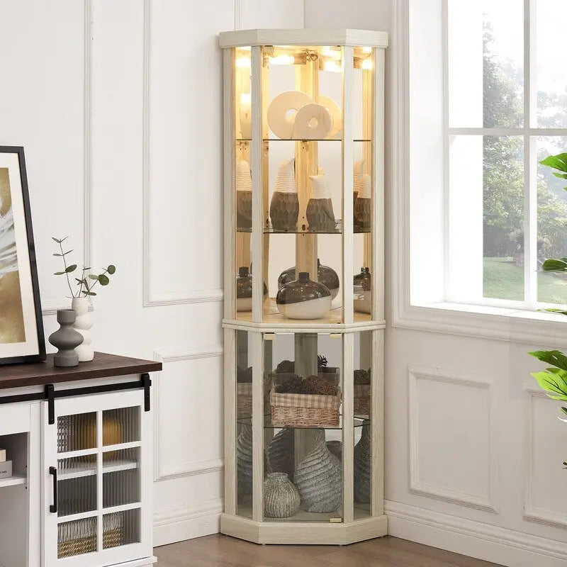 Corner Display Cabinet with Lighting - Cherry/White - Glass Door