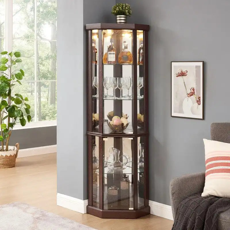 Corner Display Cabinet with Lighting - Cherry/White - Glass Door