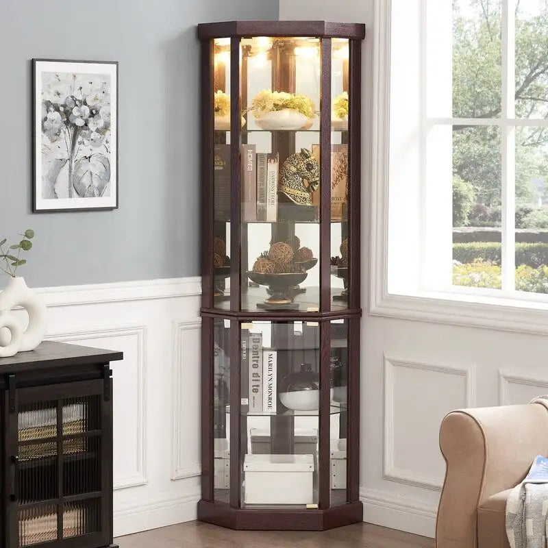 Corner Display Cabinet with Lighting - Cherry/White - Glass Door