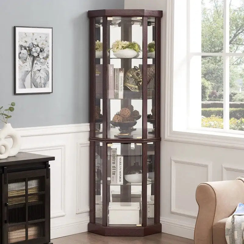 Corner Display Cabinet with Lighting - Cherry/White - Glass Door