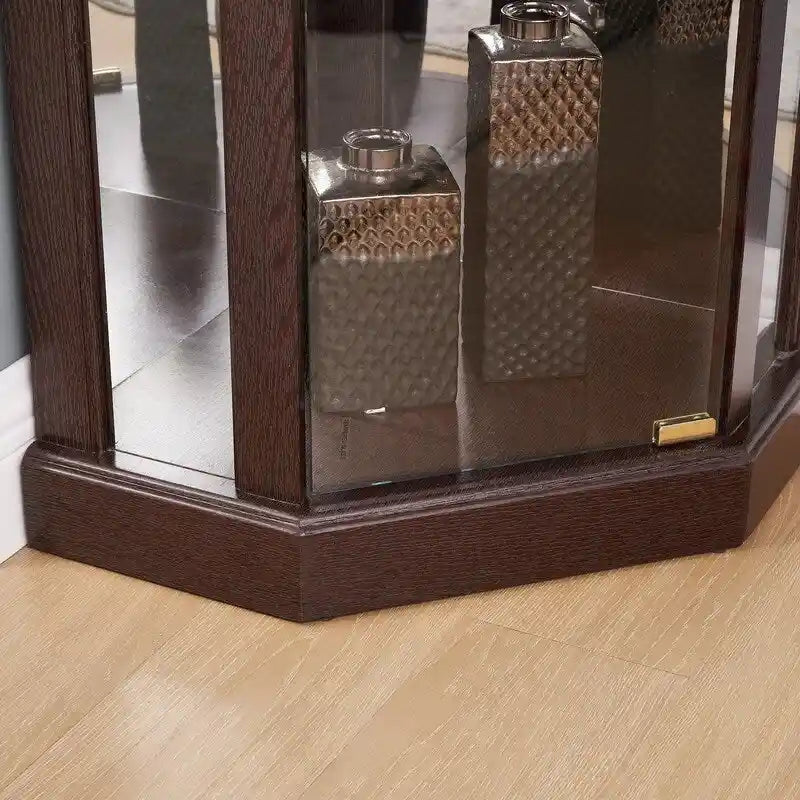 Corner Display Cabinet with Lighting - Cherry/White - Glass Door