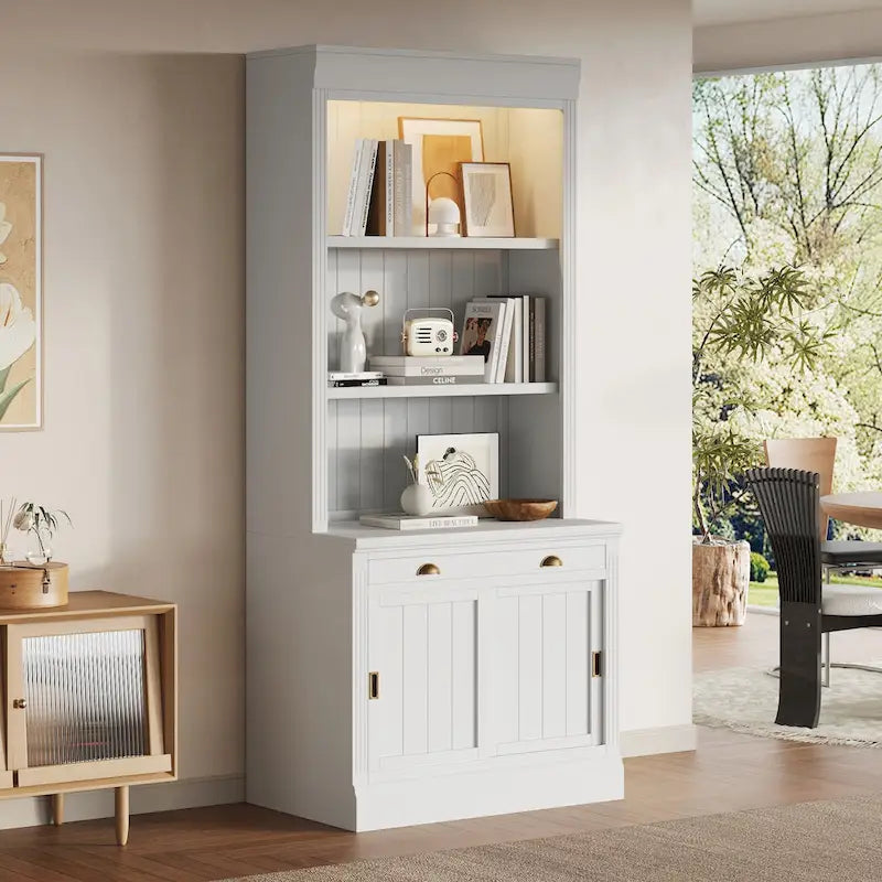 Modern Tall Bookshelf with LED Lighting and Versatile Storage Options