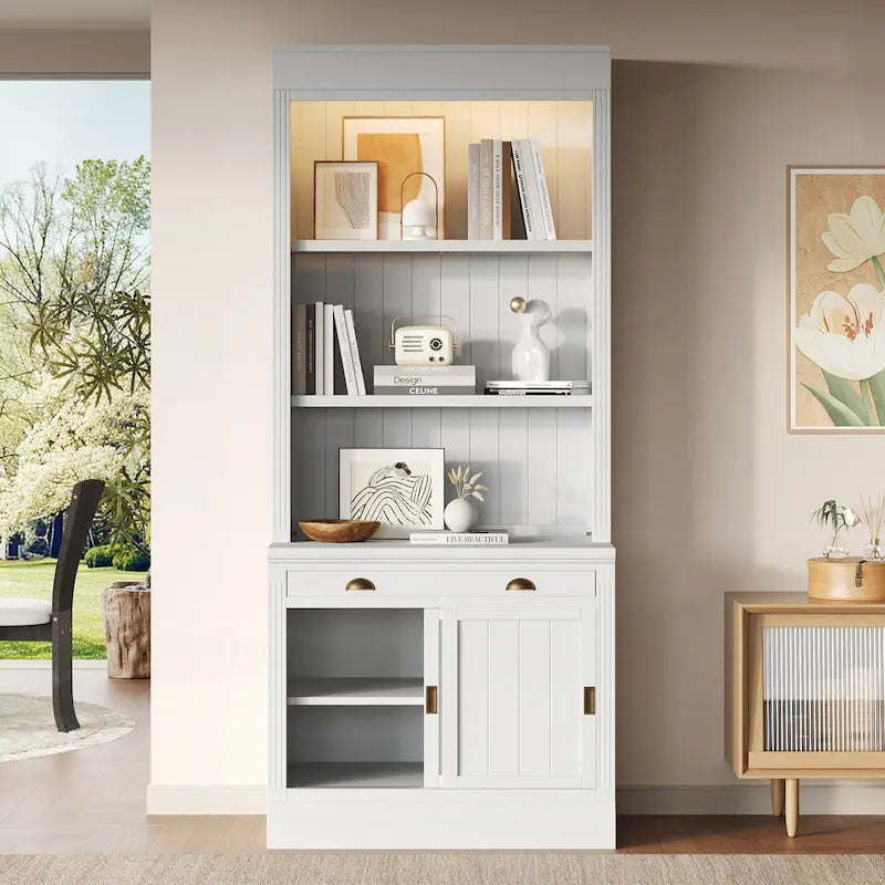 Modern Tall Bookshelf with LED Lighting and Versatile Storage Options