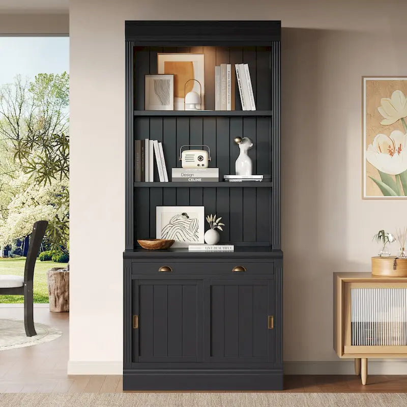 Modern Tall Bookshelf with LED Lighting and Versatile Storage Options