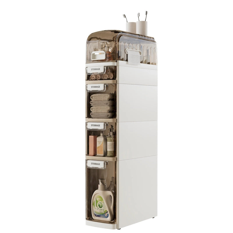 5-Tiers Slim Bathroom Storage Cabinet, Narrow Bathroom Storage Organizer Movable for Small Spaces