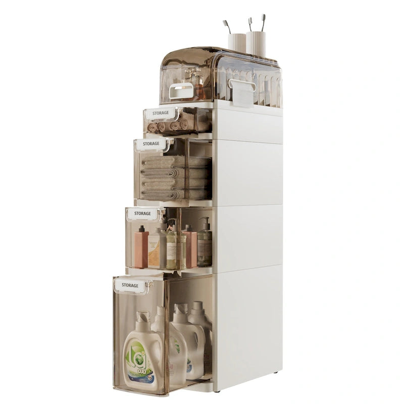 5-Tiers Slim Bathroom Storage Cabinet, Narrow Bathroom Storage Organizer Movable for Small Spaces