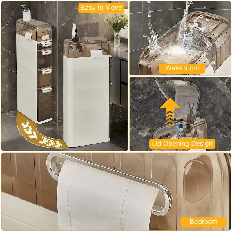 5-Tiers Slim Bathroom Storage Cabinet, Narrow Bathroom Storage Organizer Movable for Small Spaces