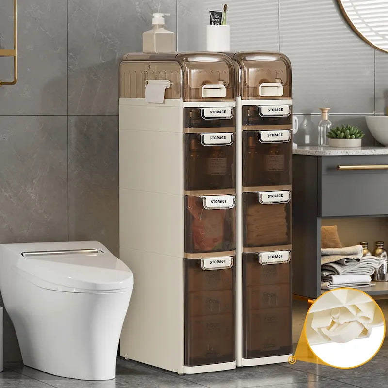 5-Tiers Slim Bathroom Storage Cabinet, Narrow Bathroom Storage Organizer Movable for Small Spaces