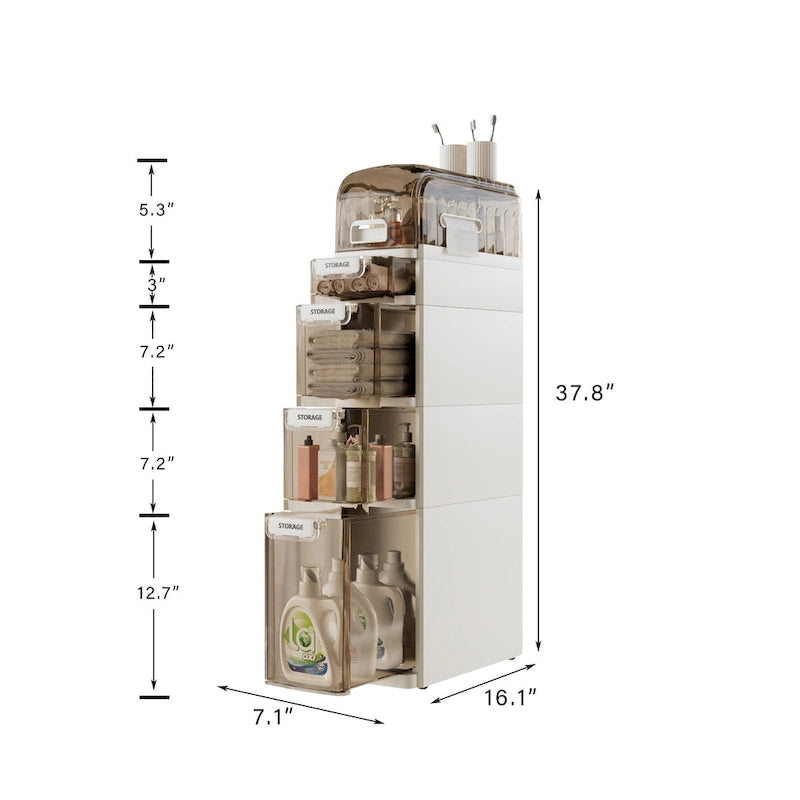 5-Tiers Slim Bathroom Storage Cabinet, Narrow Bathroom Storage Organizer Movable for Small Spaces
