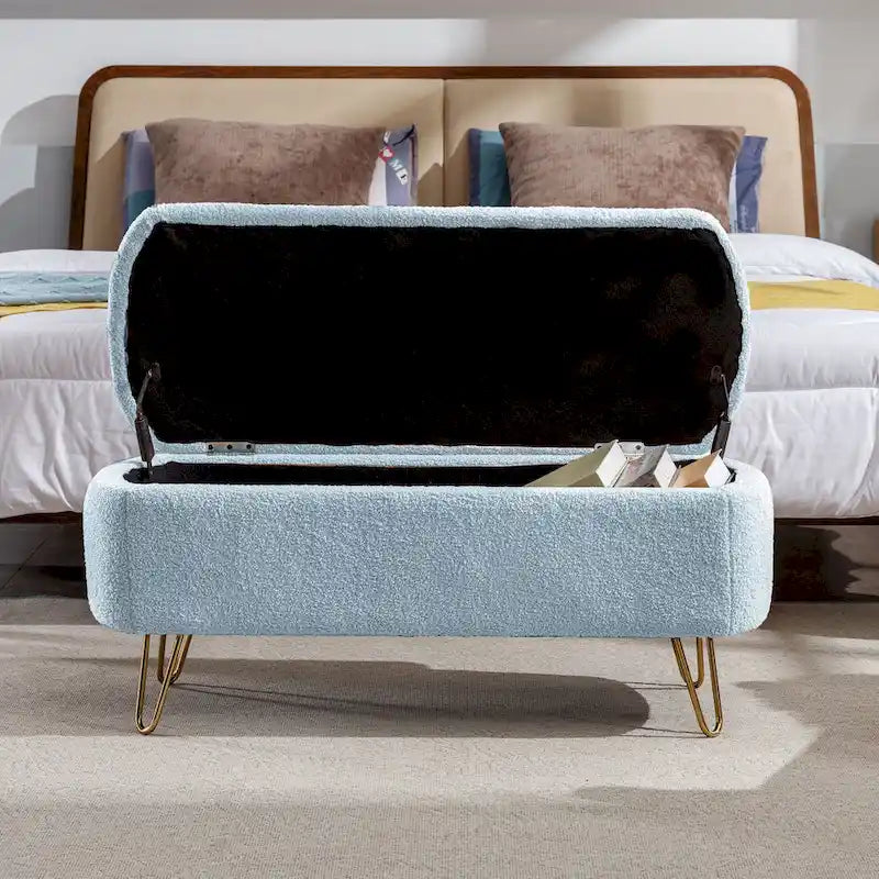 Blue Storage Ottoman Bench with Gold Legs