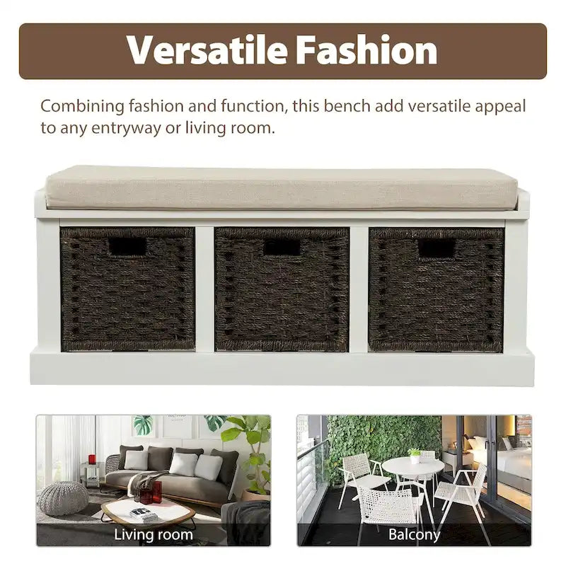 Rustic Storage Bench with 3 Removable Rattan Basket