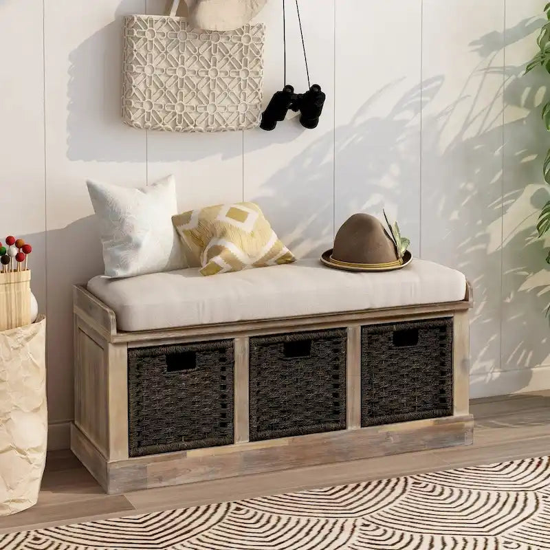 Rustic Storage Bench with 3 Removable Rattan Basket