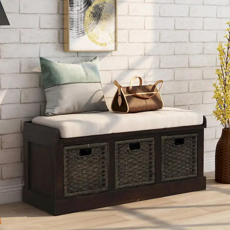 Rustic Storage Bench with 3 Removable Rattan Basket