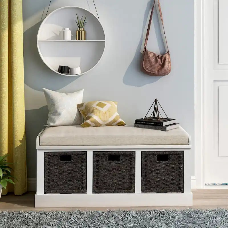 Rustic Storage Bench with 3 Removable Rattan Basket