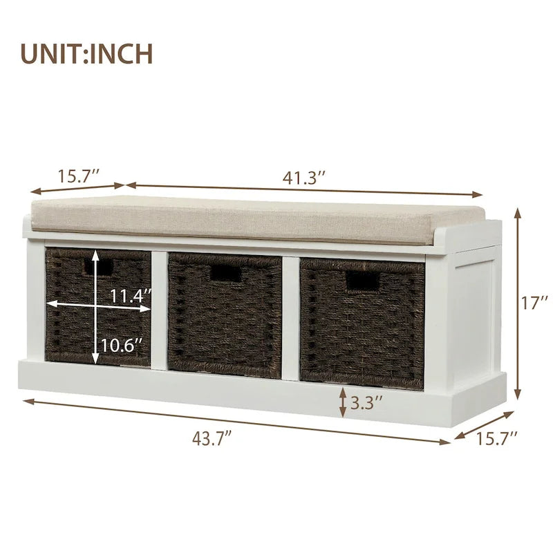 Rustic Storage Bench with 3 Removable Rattan Basket