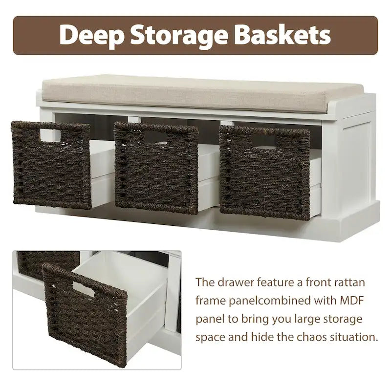 Rustic Storage Bench with 3 Removable Rattan Basket